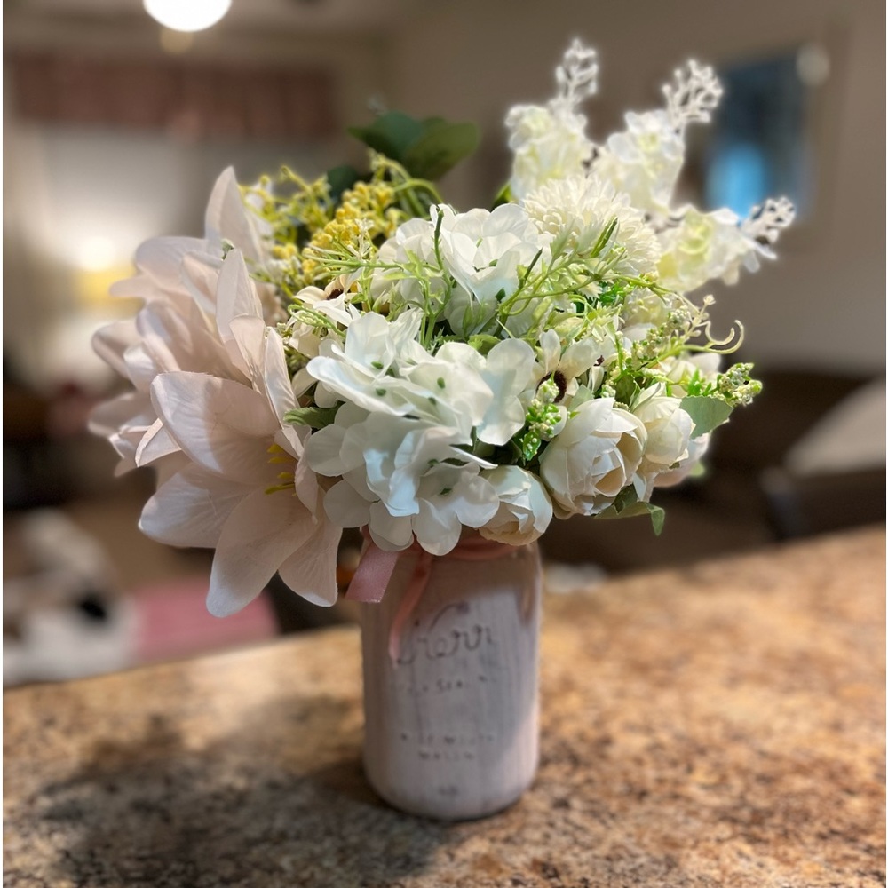 Hand painted mason jar faux floral arrangement